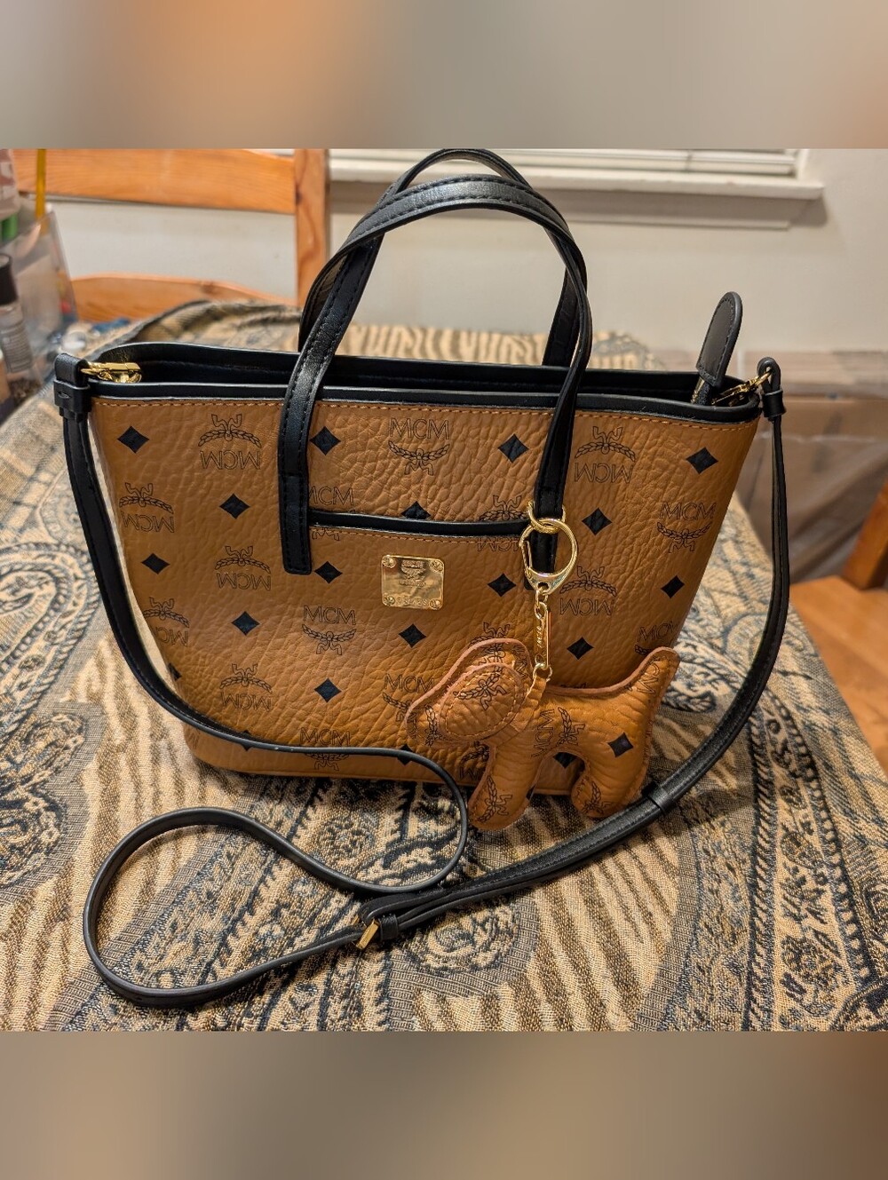 MCM Visetos Cognac Leather Mini Tote with Black Trim And Adorable Doggie Charm! - Picture 5 of 15